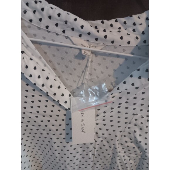 Polka Dot Heart Short Sleeve Blouse with Collar Sim & Sam XL Women's White Nwt - Picture 3 of 3